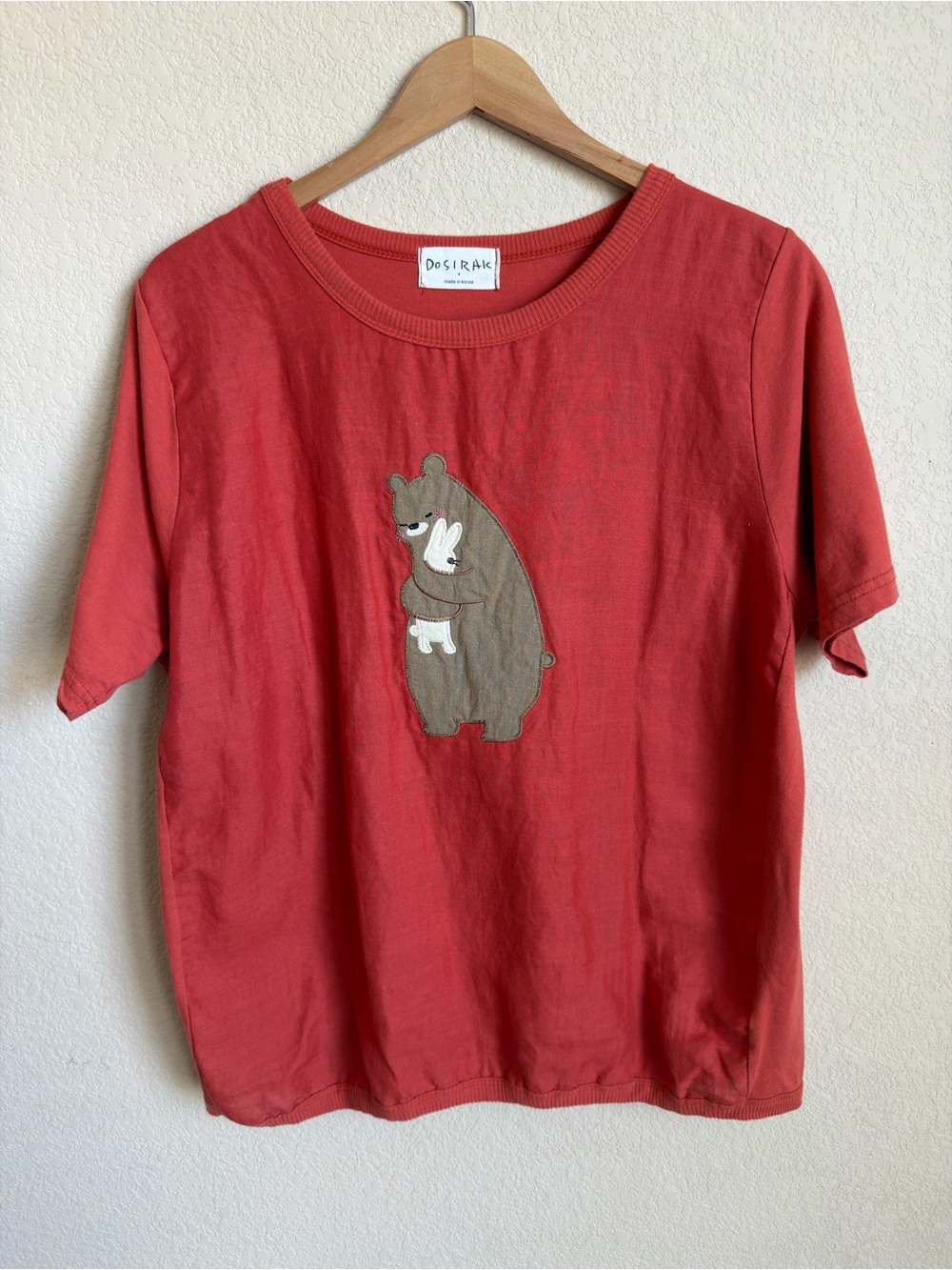 Bear Bunny Applique Tee Dosirak Brick Red Cotton Korean Cottagecore Short Sleeve